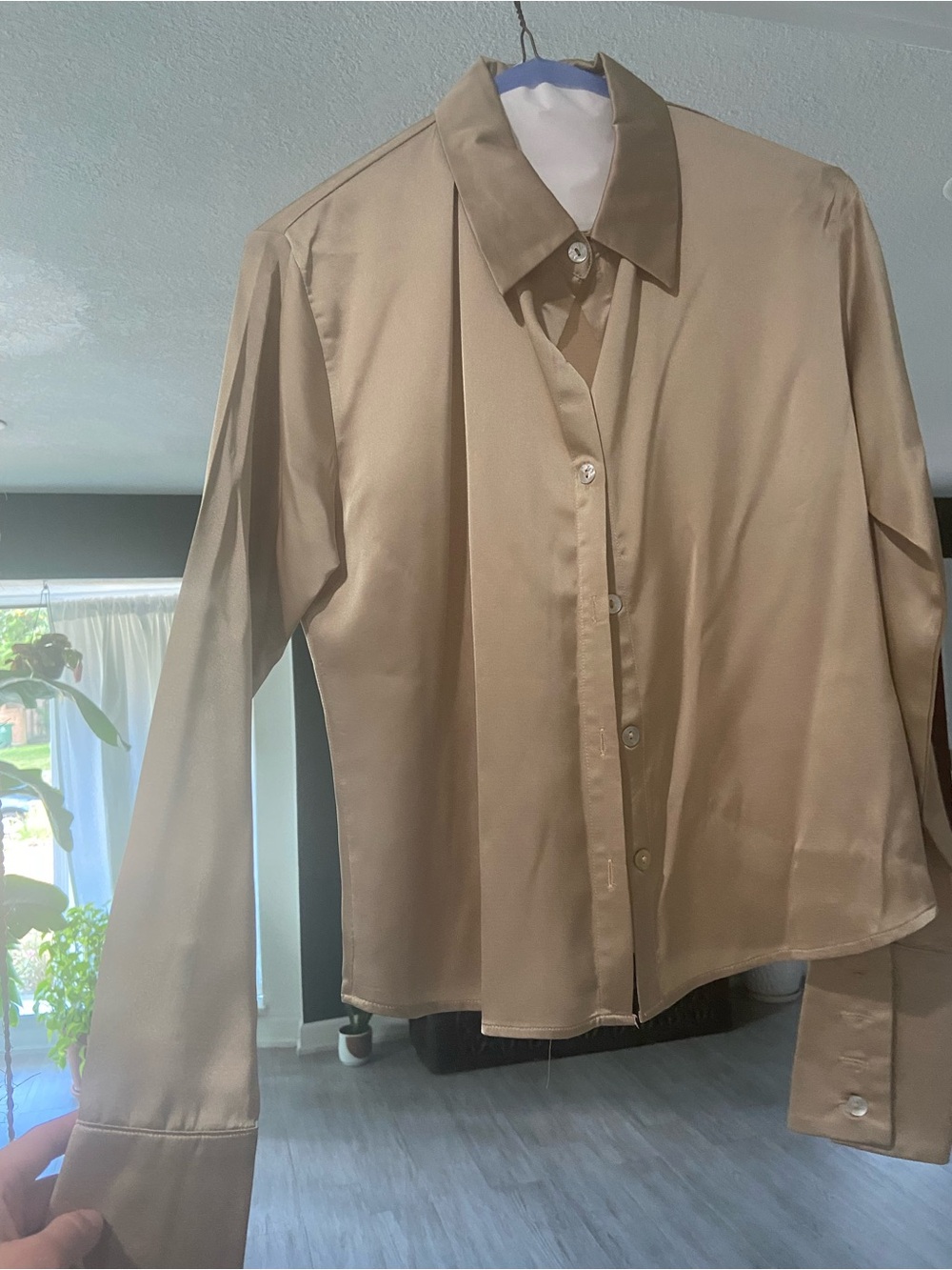 Satin Button-Up Shirt in pale gold